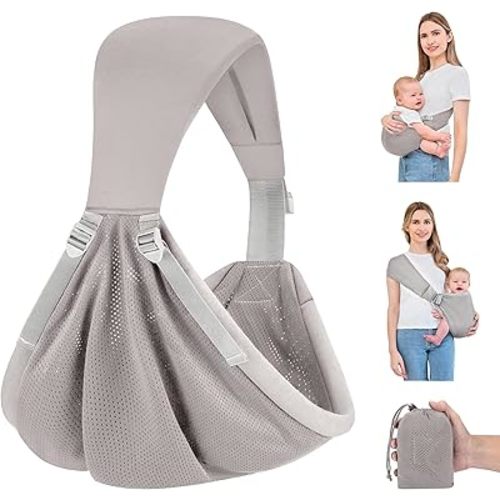 Baby Sling Carrier Newborn to Toddler, Upgraded Adjustable One-Shoulder Lightweight Portable Carrier with Breathable Fabric & Ergonomic Support for 6-40 lbs, One Size Fits All (Grey)