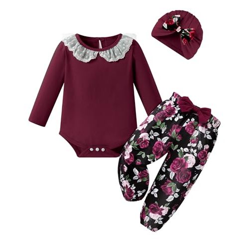 WESIDOM Baby Girl Clothes 0-24M Newborn Infant Girls Outfits Cute 3Pcs Set | Baby Fall/Winter Clothes for Girls Long Sleeve Lace Romper Tops+Floral Pants+Bow Hat Clothing Sets, Baby Essentials Outfits