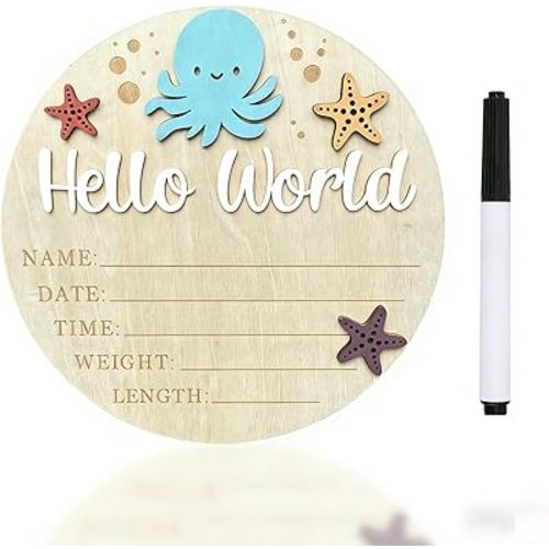 Baby Announcement Sign, 5.9 Inch Hello World Newborn Sign for Hospital, 3D Wooden Ocean Nursery Decor with Octopus & Starfish, Birth Stats Plaque with Marker, Arrival Photography Prop for Boy (White)