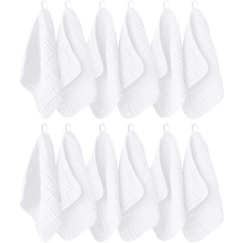 12 Pack Muslin Washcloths for Baby - 100% Cotton Baby Wash Cloths for or Baby Face Body Comfy and Soft for Newborn Infants Kids Girls and Boys - 12"x12" - White