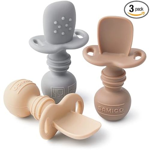 SAMiGO Silicone Baby Spoons Self Feeding 6+ Months - Infant Toddler Utensils - First Stage Baby Led Weaning Feeding Supplies - Set of 3 Pack