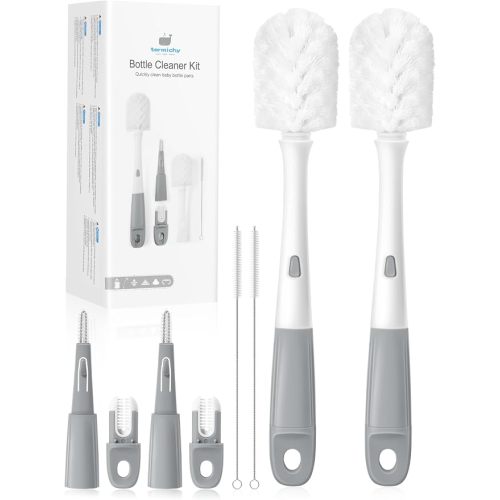 Termichy Baby Bottle Brush Set: 2 Pack Kit 360° Clean All Feeding Essential | Snap on Brush Easy to Assemble - 4-in-1 Set Efficient Remove Milk Residue for Nipples Straws Narrow Necks & Breast Pump Parts