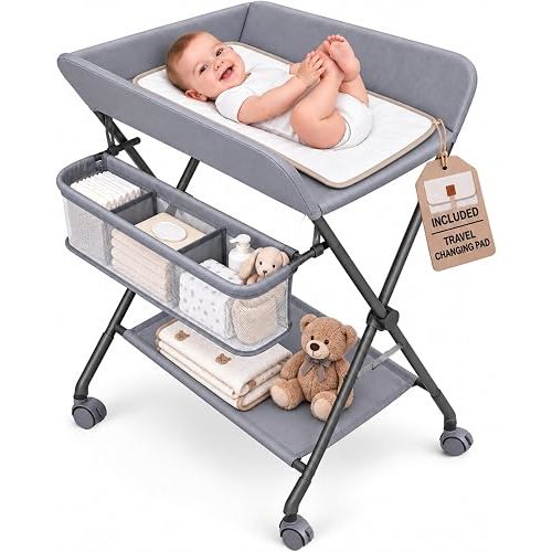 Baby Changing Table with Wheels, Portable Foldable Diaper Changing Station, Adjustable Height, Nursery Organizer with Storage Rack & Side Basket for Newborn and Infant