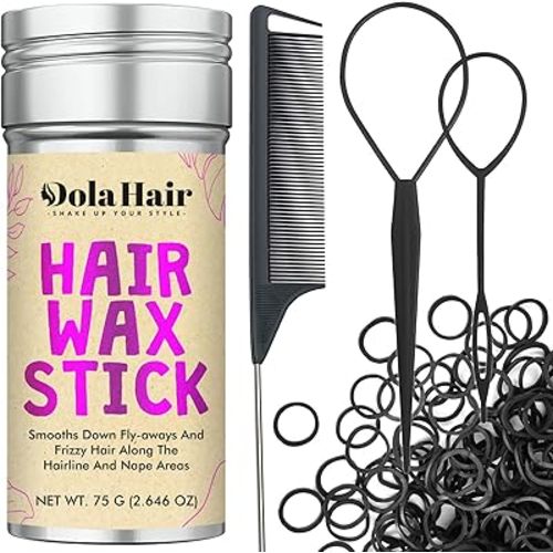 Dolahair Hair Wax Stick & Accessories - Flyaway Control for Kids & Women, 50 Pcs Colorful Elastic Hair Bands, 1 Pcs Slick Back Hair Brush, 2 Hair Loop Styling Tools (Black)