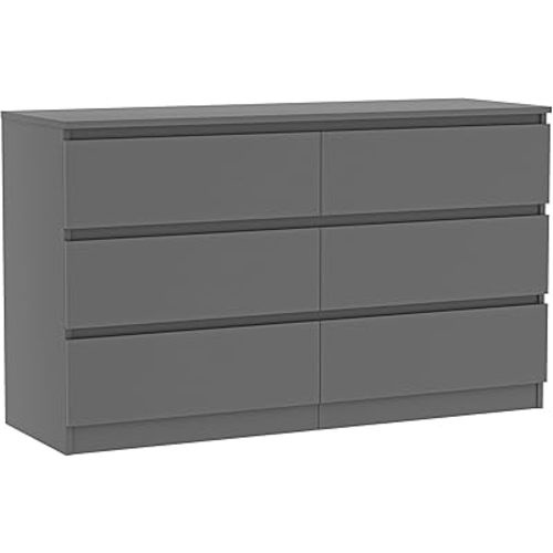 Vibe & Dine 6 Drawer Double Dresser, Modern Chest of Drawers with Wide Storage for Closet, Bedroom, Living Room (Grey)