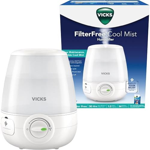 Vicks Filter-Free Ultrasonic Humidifier, Recommended by Pediatricians | 1.2 Gal Ultrasonic Cool Mist Humidifiers for Bedrooms & Kids Rooms, Works with Vicks VapoPads