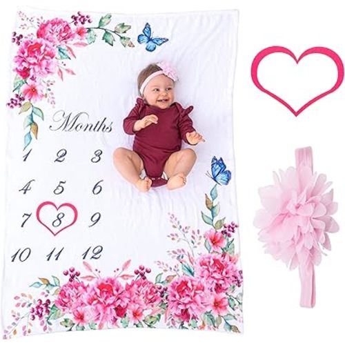 Bliss n' Baby Monthly Milestone Blanket for Baby Girl - Growth Chart Blanket - New Moms Set, Wrinkle Free, Washable, Dryable, Red Heart Wreath & Pink Headband- 54"x40"