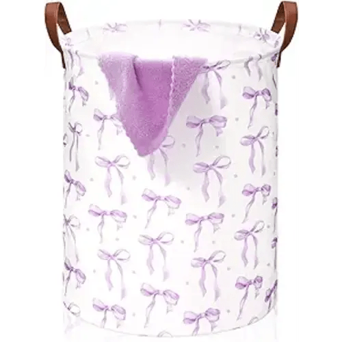 CroBlissful Purple Bow Coquette Laundry Basket Bow Nursery Laundry Basket Hamper Waterproof Collapsible Storage Bin Organizer for Bedroom Bathroom Room Dorm Clothes Toys