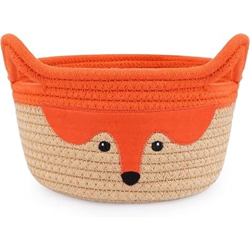 Small Storage Basket, Cute Fox Animal Gift Basket for Nursery, Woven Rope Cotton Storage, Soft Baby Towel 0rganizer with Ears Handles, Caddy Blanket Towel Decor Storage Bin, 8.2"D x 4.7"H in