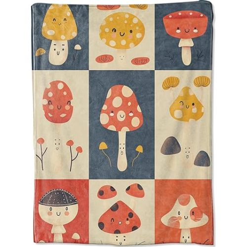 Mushroom Smiling Faces Throw Blanket, Happy Lively Plant Blankets for Bedroom Living Room Couch Decor, Fuzzy Cozy Soft Lightweight Throws, Birthday Gifts for Kids Boys Girls, 50x60 in