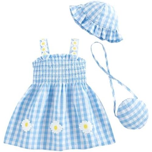 Renotemy Baby Girl Dress Toddler Girl Clothes Summer Outfits Gifts Cotton Sundress Infant Dresses for Girls with Hat and Bag