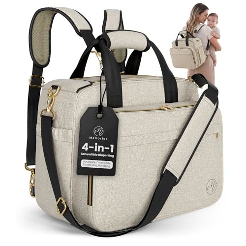 Mellories 4 in 1 Convertible Diaper Bag Tote for Baby Boys and Girls - Converts into Diaper Backpack, Baby Tote, Stroller and Crossbody Diaper Bag - Beige Baby Travel Bag - Gift for Mom