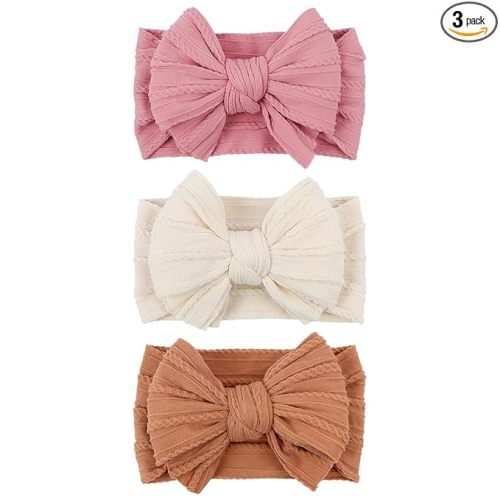 LemonSpace Handmade Baby Bows for baby girls Stretchy Nylon Hair Bands Hair Accessories with Headbands Bows for Newborn Baby Girls Infant Toddlers Kids Bow(Pink Brown light Beige)