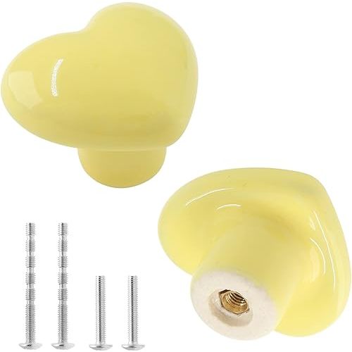 2pcs Ceramic Cabinet Knobs Yellow Drawer Knobs, Heart Shaped Dresser Knobs Cute Kitchen Cabinet Pull Handles, Small Vanity Knobs Hardware Round Cupboard Knobs for Kids Girls Children's Bedroom