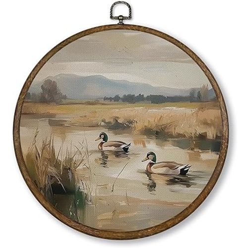 Qskjre Vintage Mallard Duck Wall Art Decor, Nursery Cottagecore Duck Pond Hunting Round Wood Framed Canvas Picture Wall Art, Rustic Bird Hunter Hanging Prints for Woodland Room Decorations 10"x10"