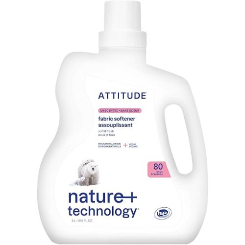 ATTITUDE Liquid Fabric Softener, Plant-Based & Vegan, HE Compatible, Naturally Derived, Unscented, 80 Loads, 67.6 Fl Oz