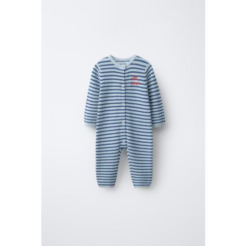 EMBROIDERED TEXT STRIPED KNIT JUMPSUIT - Light blue | ZARA United States