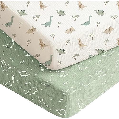 Konssy Muslin Crib Sheets for Boys, Soft Cotton Neutral Baby Sheets for Standard Crib Mattress 2 Pack, 52"x28" (Dino Jungle,Sage Dino)