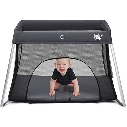 BABY JOY Baby Foldable Travel Crib, 2 in 1 Portable Playpen with Soft Washable Mattress, Side Zipper Design, Lightweight Installation-Free Home Playard with Carry Bag, for Infants & Toddlers (Grey)