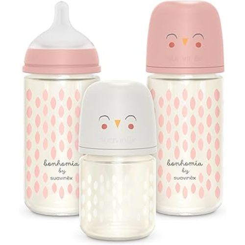 Suavinex Bonhomia Glass Baby Bottle with SX PRO Silicone Nipple, Anti Colic Baby Bottles, Baby Bottles for Breastfed Babies, 3 Pack, Pink/Beige