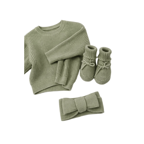 Cozy Sage Knit Baby Outfit Set – Sweater, Booties & Headband – Sprout & Fawn