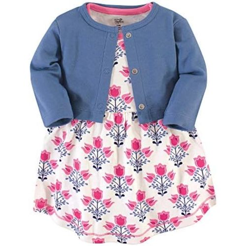 Touched by Nature Infant Toddler Girls Organic Cotton Dress and Cardigan, Rainbows Sunshine