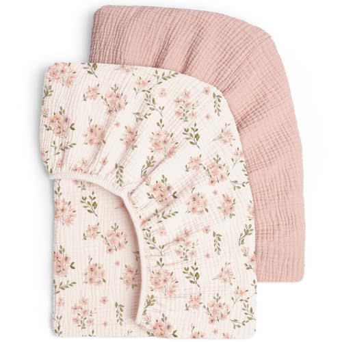 lulumoon Muslin Crib Sheets for Baby: Snug Fitted for 52x28 Crib Mattress | Boho Floral Print for Baby Girls Nursery Bedding & Gift 2Pack - Soft & Breathable Cotton Gentle on Newborn Skin