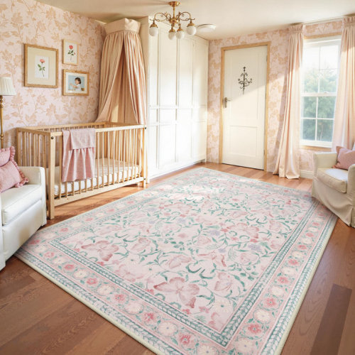 Kaldi Washable Area Rug for Bedroom Floral Ultra-Thin Non-Slip Pastel Bedroom Nursery Playroom Carpet