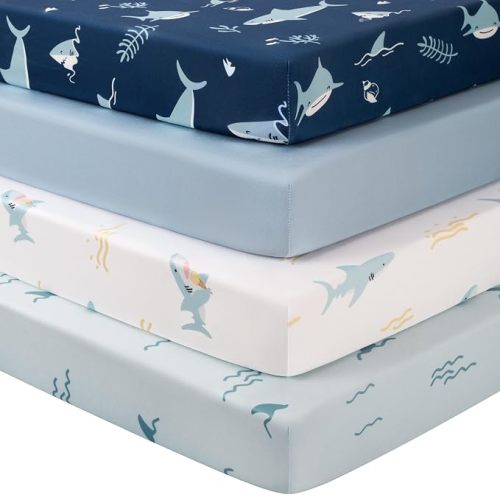 Baby Crib Sheets for Boys Girls, Toddler Bed Sheets Fitted for 52"x28" Standard Crib and Toddler Mattresses, 4 Pack Soft Breathable Stretchy Microfiber Deep Blue Sea