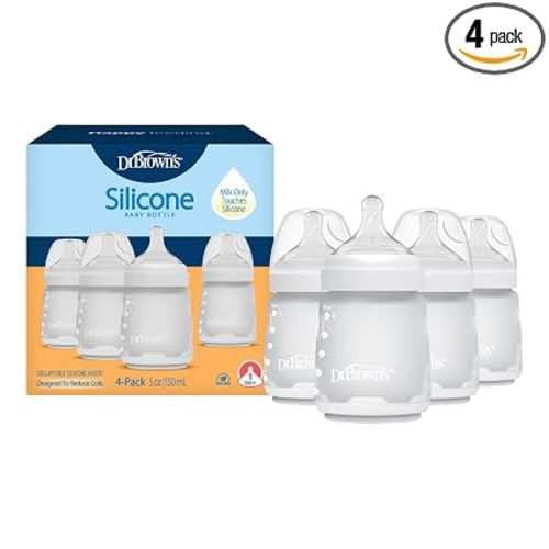 Dr. Brown's Silicone Baby Bottle with Collapsible Insert Designed to Reduce Colic, 5 oz with Wide-Neck Level 1 Slow Flow Nipple, BPA-Free, 0m+, White, 4-Pack