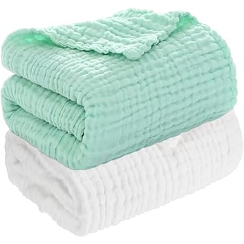 Aablexema Muslin Baby Blanket Set of 2, 6-Layer 43 x 43 Inches Newborn Toddler Bath Towel Swaddle Wrap Blankets for Boys Girls (White&Green)