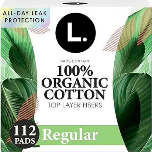 L. Ultra Thin Pads for Women, Regular Absorbency, Organic Cotton Top Layer, Unscented Pads with Wings, 112 Count (4 Packs of 28)