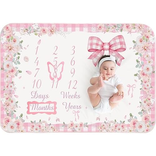 Chumia Baby Monthly Milestone Blanket Floral for Baby Girl Growth Soft 59"x39" Photo Prop 1 Month Age Pink Calendar Blanket Newborn Shower Gifts Nursery Decor with 2 Felt Wreath Frame(Pink,Bow)