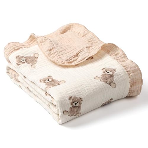100% Organic Cotton Muslin Baby Blanket Flounce Edge Large 50"x43" Teddy Bear, Soft Breathable Toddler Quilt Crib Blankets Gender Neutral for Baby Boys and Girls Bassinet, Bed, Stroller & Snuggling