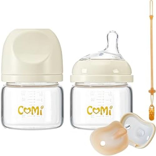 COMI Natural Glass Baby Bottles for Breastfeeding Babies,Newborn Anti-Colic Baby Bottle Set with Slow Flow Nipple,0-3 Months,BPA-Free,4 oz,2 Pack