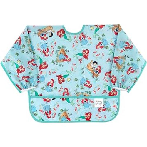 Bumkins Disney Sleeved Bib for Girl or Boy, Baby and Toddler for 6-24 Mos, Essential Must Have for Eating, Feeding, Baby Led Weaning Supplies, Long Sleeve Mess Saving Food Catcher, Soft Fabric, Ariel