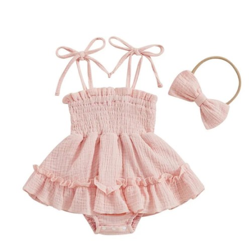Tie Sleeve Onesie Dress with Bow