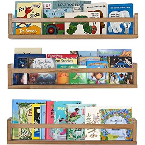 AZSKY Nursery Shelves Light Walnut Floating Book Shelf Organizer for Baby Nursery Décor Wall Book Shelves for Kids Room 24 Inch Wood Wall Ledge Shelves for Bathroom Kitchen Spice Rack a Set of 3