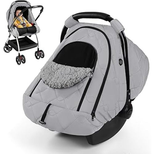 Baby Car Seat Cover Winter, Waterproof Baby Carseat Cover for Girl Boy with Mesh, Warm Fleece Infant Car Seat Cover, Breathable Car Seat Cover for Babies, Double Windows Carseat Canopy Covers, Grey