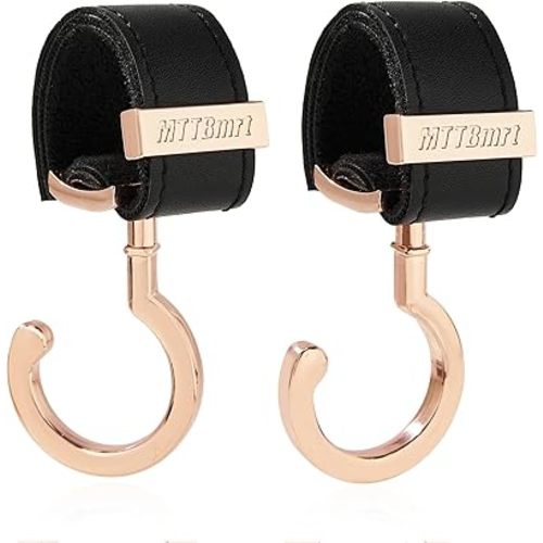 2 Pack Stroller Hooks,Strong Synthetic Leather Hook-and-Loop Fastener&High-Quality Metal Hooks,Universal Bag Clip|360° Rotation, 66lb Capacity,Non-Slip-Fits Wheelchair(Black-Rose Gold)