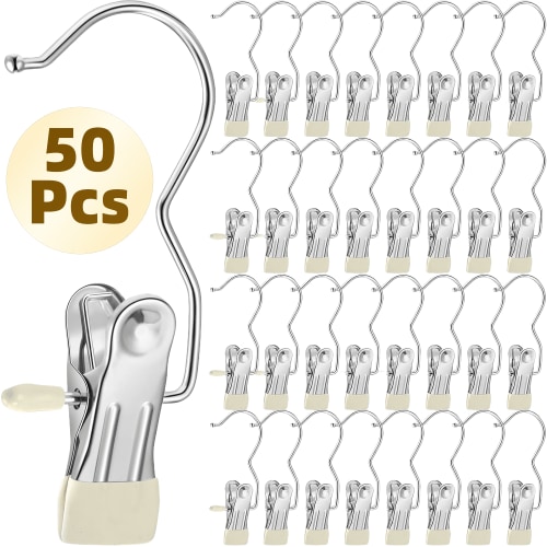 50 Pcs Boot Hangers Clips,360° Rotating Heavy Duty Pants Hangers Hanging Hooks Clip for Home & Travel,No-Slip Metal Towel Clips,Clothespins Clip Hangers for Hats Socks Gloves