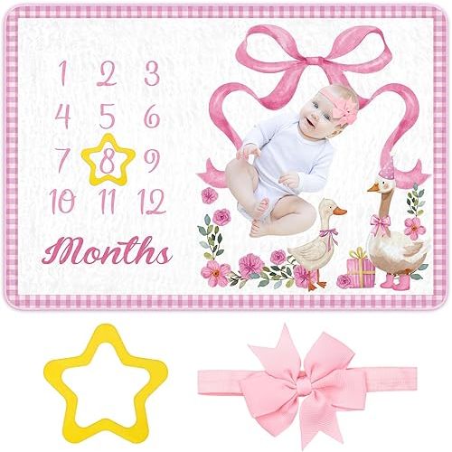 Tegeme Baby Monthly Milestone Blanket, 40 x 47 Inch Soft Newborn Milestone Age Month Blanket for Boy or Girl, with Star Felt Frame and Headband, Photography Props Baby Shower Essentials(Pink)