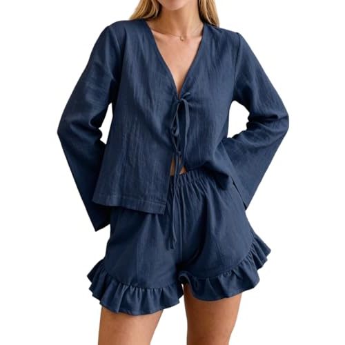 Women Tie Front Pajamas Sets Long Sleeve Ruffle 2 Piece Shorts Sets | Ruffle Short Sets,long sleeve 2 Piece Outfits,Skin friendly Cotton,Loose Fit,for Vacation and Daily Wear