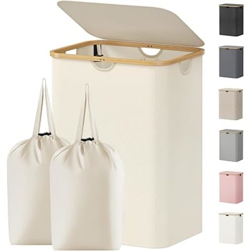 Lifewit 150L Laundry Basket with Lid, Clothes Hampers for Laundry with Bamboo Handles and 2 Removable Bag, Large Foldable Laundry Hamper for Bedroom, Bathroom, Dorm, Laundry Room, White