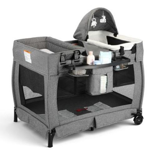 Kinder King 4-in-1 Convertible Baby Playard with Bassinet, Diaper Changer, Cradle&Bedside Sleeper, Breathable Mesh, Storage Organizer&Lockable Wheels