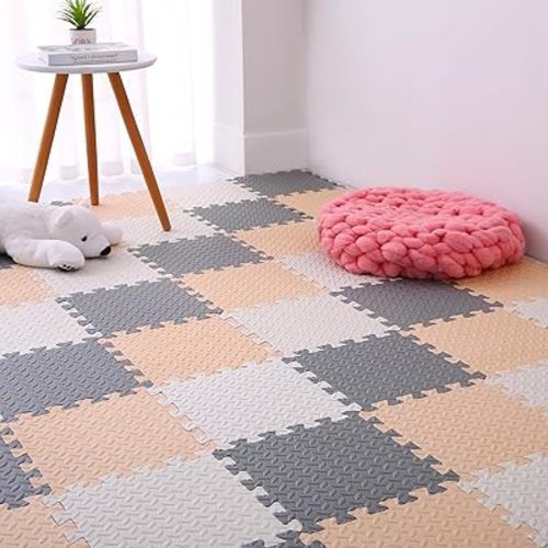 16 Tiles Foam Play Mat for Baby, Soft & Safe EVA Foam Mats for Floor, Square Interlocking Floor Mat, Solid Colored Kids Foam Puzzle Floor Mat, 47x47 Play Mat for Playpen(White/Beige/Gray)