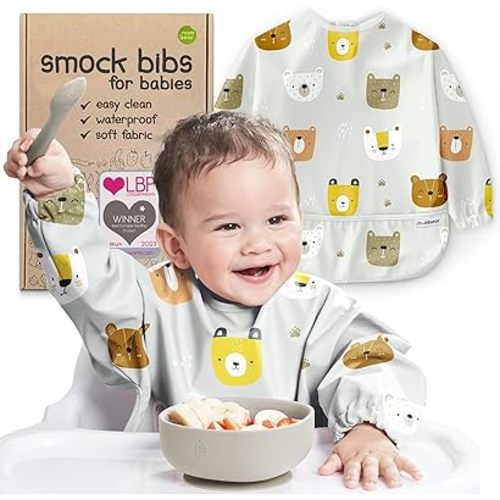 Waterproof Smock Baby Bibs for Eating and Baby Led Weaning - Long Sleeve Bib for Boys and Girls 6-12 Months