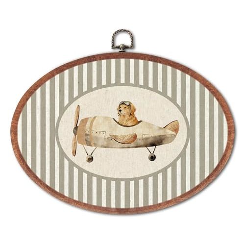 Vintage Golden Retriever Nursery Oval Wall Art, Airplane Canvas Framed | prints,grey striped decor wall art hanging decor for bedroom kids toddler room playroom decoration, 8.6x11.4 inch