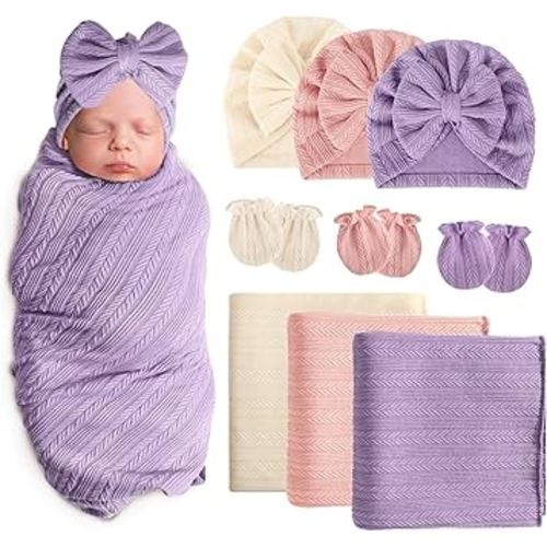 Newborn Receiving Blanket with Bow Hat Mittens Set Wheat-Pattern Newborns Toddler Baby Boy Girl Nursery Swaddle Wrap