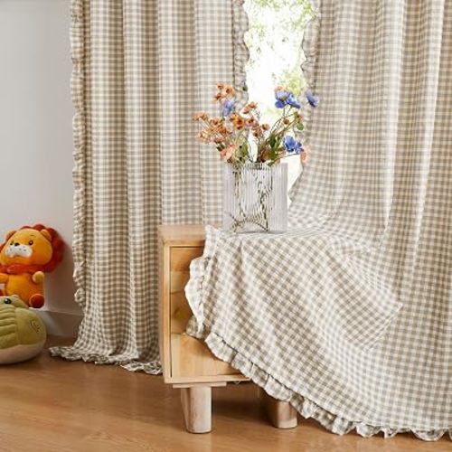ZJDECOR 63 Inch Khaki Buffalo Plaid Ruffle Window Curtains for Bedroom